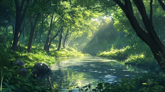 
Tranquil river in a lush forest, small fish swimming in the clear water, embraced by trees and vibrant greenery. Sunlight filters through the leaves, casting soft shadows, reflecting the peaceful bea