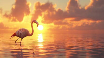 Fototapeta premium A flamingo walking along the shoreline at sunset with glowing skies