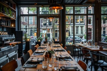 Empty restaurant is set up for dinner service with large windows showing a city street