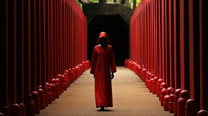 A figure in a red robe walks through a path lined with vibrant red columns in a serene garden setting during daylight