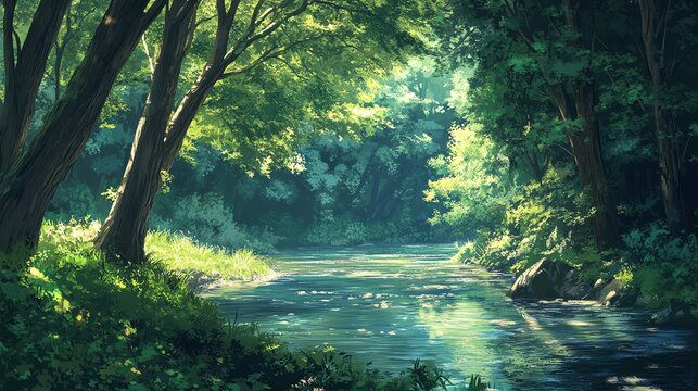 
Tranquil river in a lush forest, small fish swimming in the clear water, embraced by trees and vibrant greenery. Sunlight filters through the leaves, casting soft shadows, reflecting the peaceful bea
