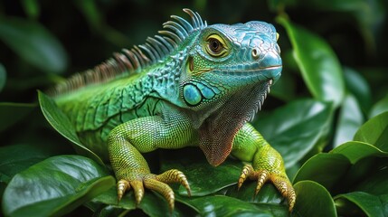 A vibrant iguana resting on lush green leaves.