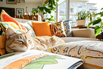 Cat takes a cozy nap on colorful couch while drawing inspires creativity