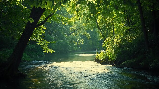 
Tranquil river in a lush forest, small fish swimming in the clear water, embraced by trees and vibrant greenery. Sunlight filters through the leaves, casting soft shadows, reflecting the peaceful bea