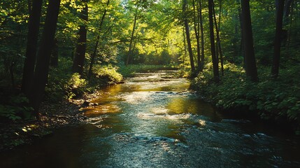 Obraz premium Tranquil river in a lush forest, small fish swimming in the clear water, embraced by trees and vibrant greenery. Sunlight filters through the leaves, casting soft shadows, reflecting the peaceful bea