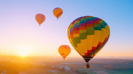 Fototapeta premium Balloons with bright patterns drift gracefully above fields as the sun rises, illuminating the horizon with warm colors