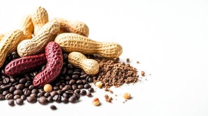 A collection of peanuts, coffee beans, and cocoa powder arranged artistically.