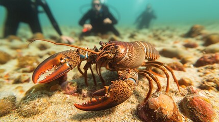 Divers catching lobsters at the ocean floor