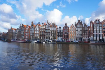 Naklejka premium The rippling waters of a canal in amsterdam reflect the charm of traditional dutch houses on a partly cloudy day