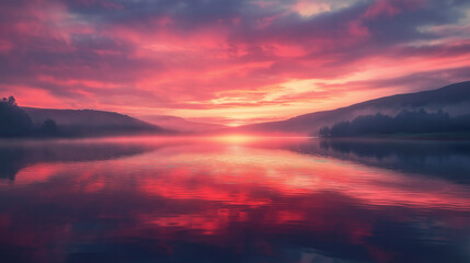 Obraz premium Sunset over a calm lake with the sky painted in shades of pink and orange, reflecting off the still water