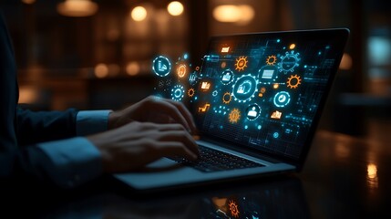 Person in business attire is using a laptop, Laptop typing with hologram digital icons
