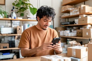 Fototapeta premium Entrepreneur checks orders on smartphone for efficient business management