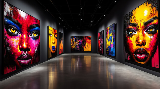 African American art gallery with vibrant portrait paintings