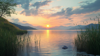 Obraz premium Sunset over a calm lake surrounded by tall grasses and distant mountains
