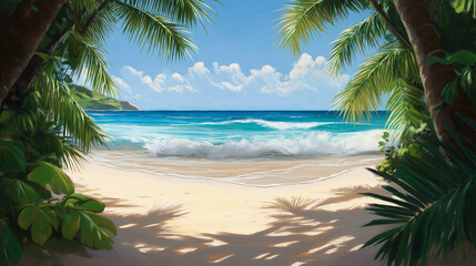 Obraz premium Tropical beach with white sands and gentle waves lapping against the shore, framed by palm trees