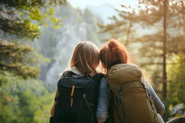 Mother and daughter enjoying an outdoor hike, sharing a heartfelt moment