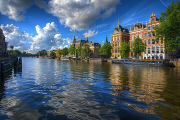 Obraz premium Serene canal reflecting blue sky and white clouds on a sunny day in amsterdam, netherlands
