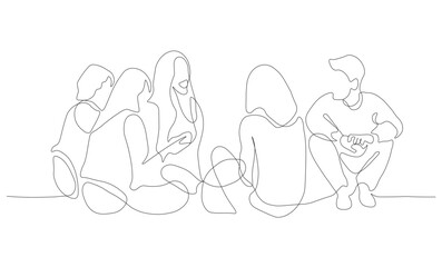 Group of young people sitting on ground together and talking. Friends rest and communicate. line art drawing style. Minimalist black on white background. Vector illustration.