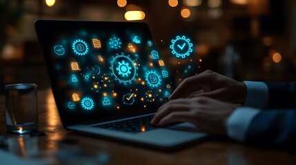 Person in business attire is using a laptop, Laptop typing with hologram digital icons