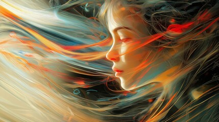 Obraz premium Abstract Woman with Orange Hair and Flowing Fabric