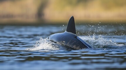Fototapeta premium A shark fin breaking the water surface, signaling its presence