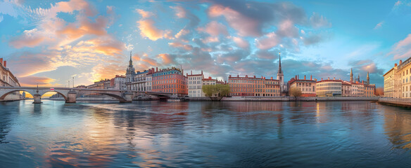 A panoramic view of the city center and river with its buildings in Lyon