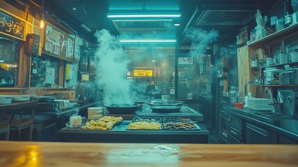 A steaming kitchen counter with food and a wooden table in the foreground.