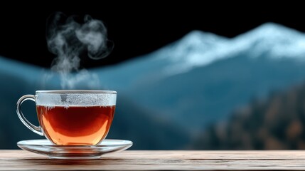 A steaming cup of tea sits on a wooden surface, with snow-capped mountains in the background, evoking a serene and cozy atmosphere.