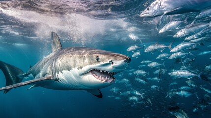 Naklejka premium A shark hunting in the open ocean, surrounded by schools of fish