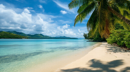 Tropical island lagoon with calm turquoise waters and a white sandy beach