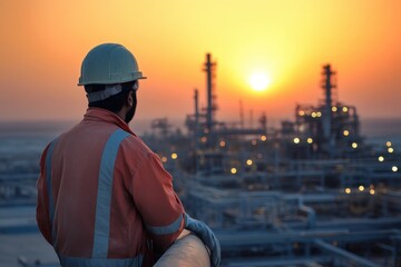 Industrial Worker Contemplating Sunset Over Refinery