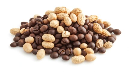 A mix of coffee beans and peanuts arranged in a pile.