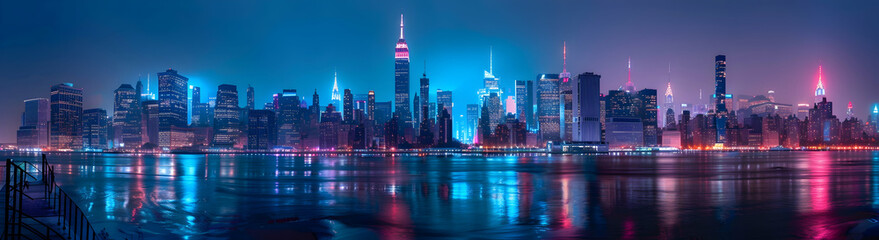 Obraz premium Panoramic view of the New York skyline at night, illuminated buildings reflecting in the water