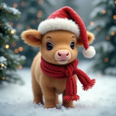 Adorable calf wearing a festive red Santa hat and scarf in a snowy winter scene with sparkling lights. Banner, background for Christmas, holiday themes