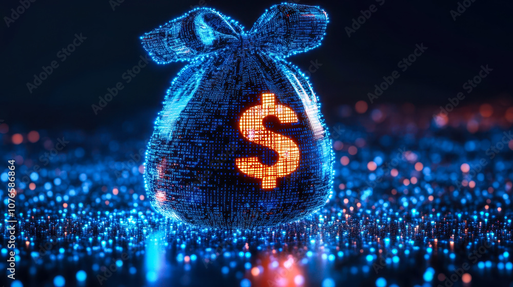 Poster digital financial transactions and ai fraud detection with binary money bag