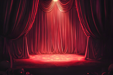 Red theater curtains with spotlight for a grand holiday show