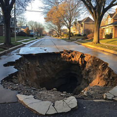 A large sinkhole in the middle of a residential street