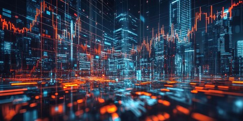 Obraz premium Abstract Marketing Background Featuring a Financial Investment Economic Histogram with Neon Lights in a Cyberpunk Style, Combined with Transparent Urban Architecture, Showcasing Ample Blank Space in 