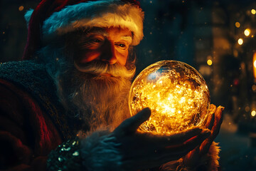 Naklejka premium Santa Claus holding a glowing Christmas ball, dreamy holiday scene