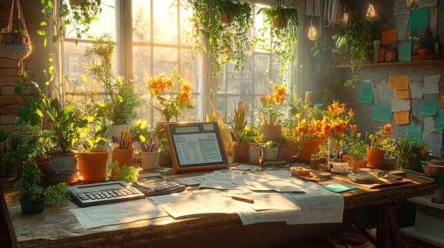 A sunny home office with a desk covered in papers, a calculator, and a computer screen with a spreadsheet on it. There are many plants and flowers in pots on the window sill
