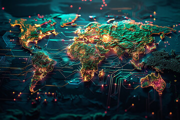 3D Cybernetic World Map with Digital Trade & Finance Elements