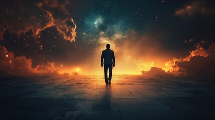 Fototapeta premium Man walking towards a starry sky at night