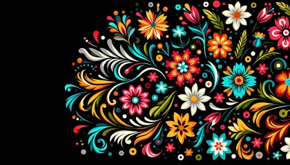 Background pattern of flowers, leaves and splashes in bright colors in a Mexican folk art style on a black background