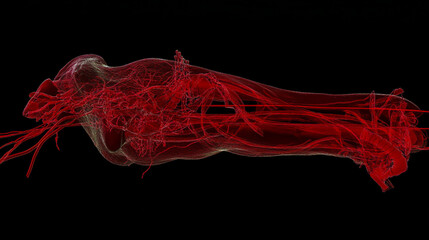 A arteriographic image of the entire vascular system, showing contrast dye flowing through every artery in the body, from the head to the toes.