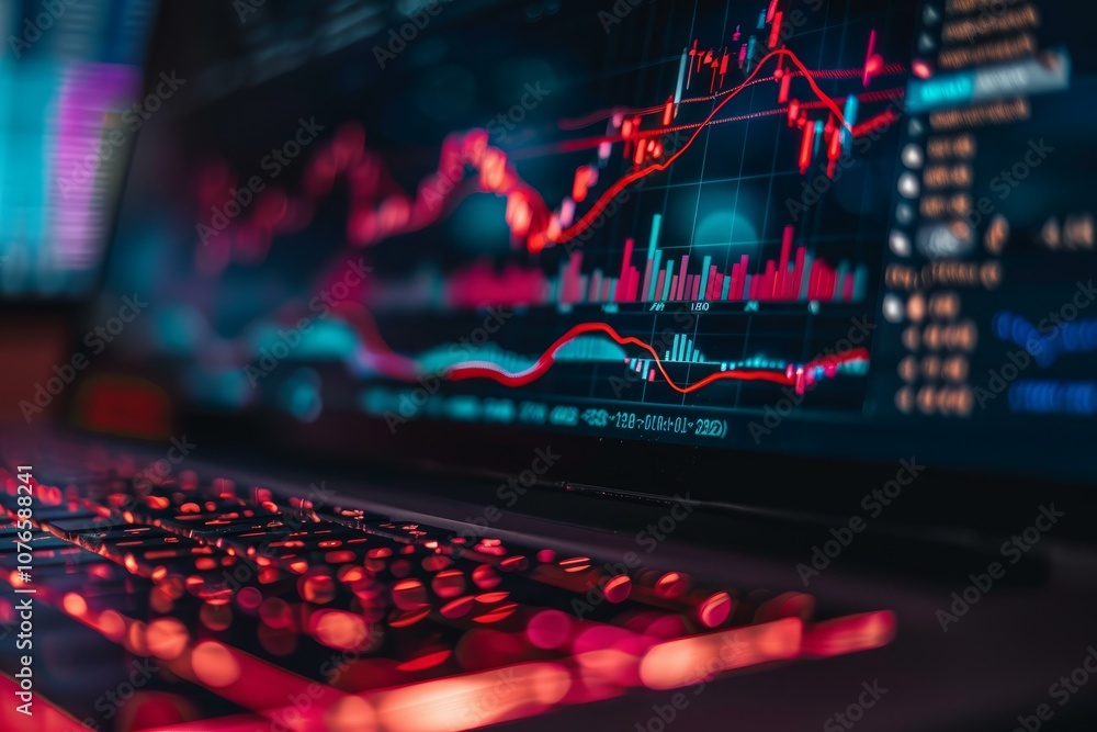 Poster red stock market data graph showing on laptop screen with red backlit keyboard