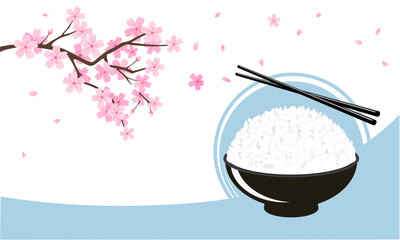 Cherry blossom branch, flying petals, rice bowl and chopsticks icon sign vector.