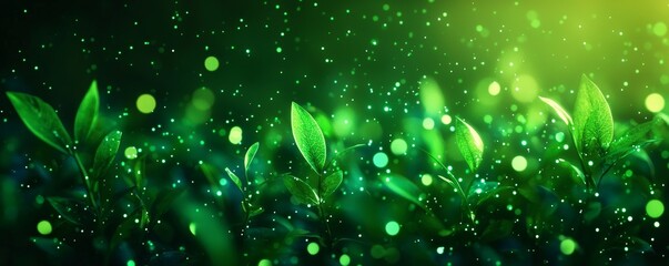 A serene, green-themed image featuring leaves and soft glowing particles, evoking a sense of nature and tranquility.
