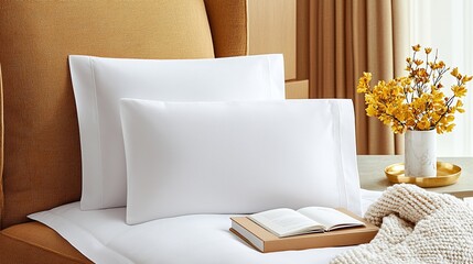 A cozy bedroom scene featuring white cozy winter and mock up pillows on a bed, an open book, and a vase of yellow flowers, cozy, winter, mock up evoking comfort and relaxation.
