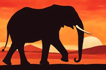 Naklejka premium Elephant silhouette walking across a desert with a warm red orange and yellow background, Ai Generated