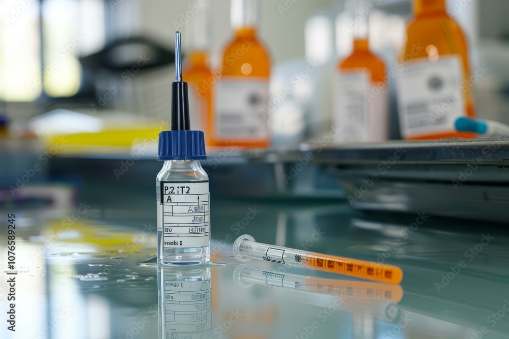 Poster vial containing medical solution and syringe resting on glass table in a laboratory with a scale and